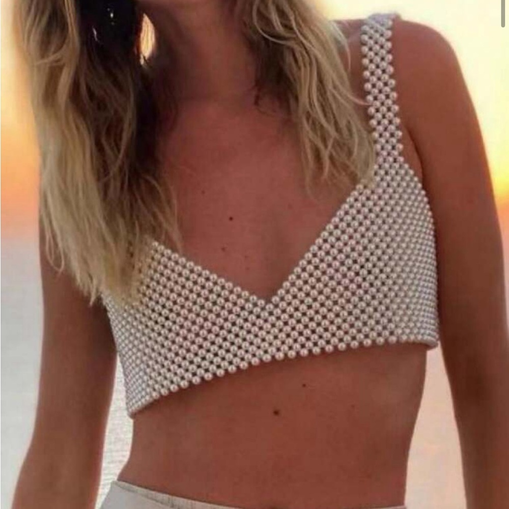 Simplicity White Vest Faux Pearl Body Chain Collegiate Style Outer